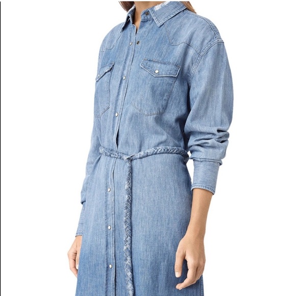 AllSaints Zelda Denim Chambray Shirt Dress Long Sleeve Pearl snap Mini Small - Picture 1 of 7